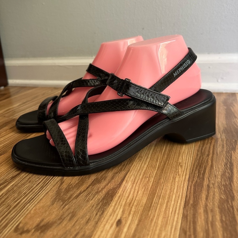 Mephisto Women’s Strappy Low Block Heels Genuine Leather Sandals Black Sz EU 41